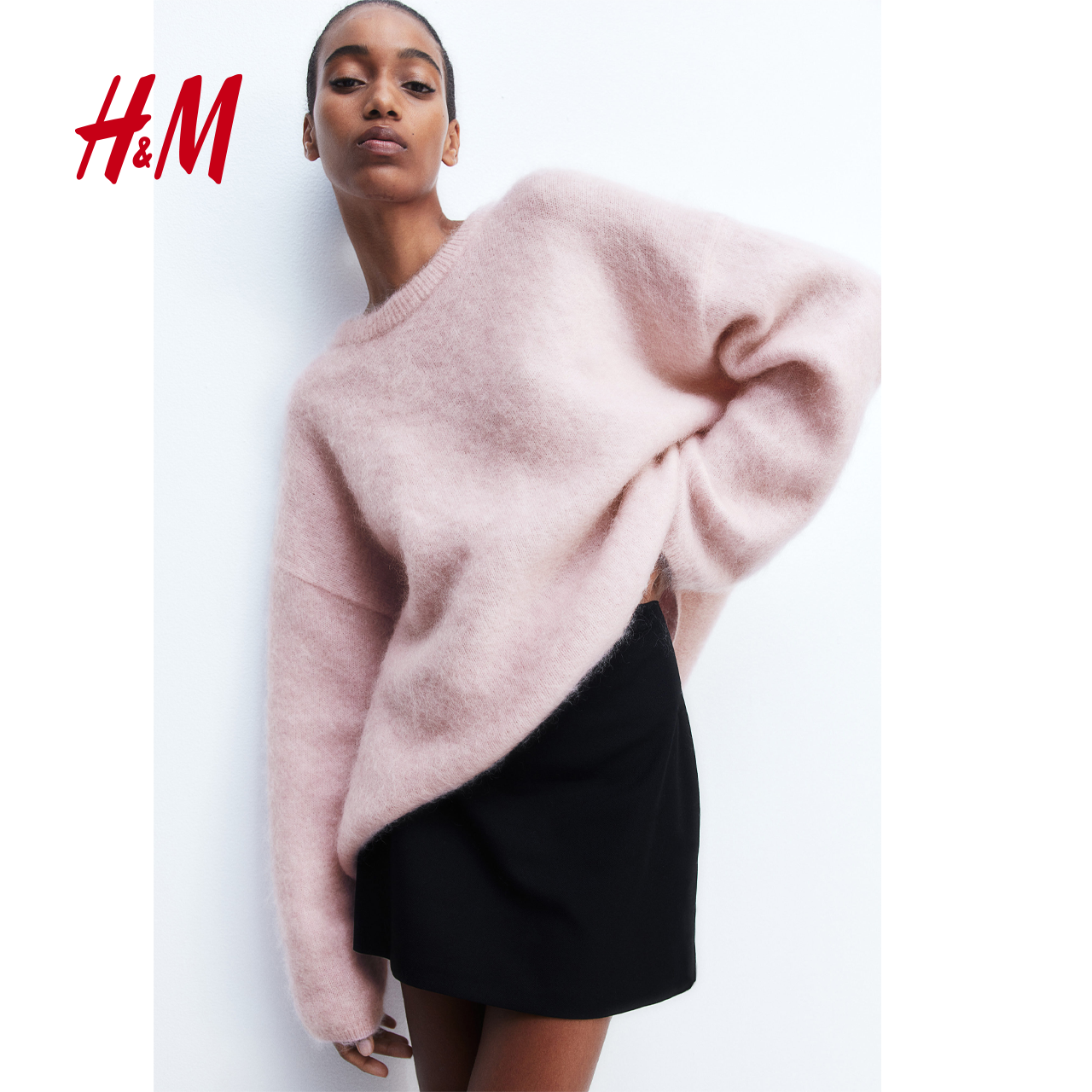 HM女士针织衫秋冬新款简约气质大廓形马海毛混纺套衫1242877