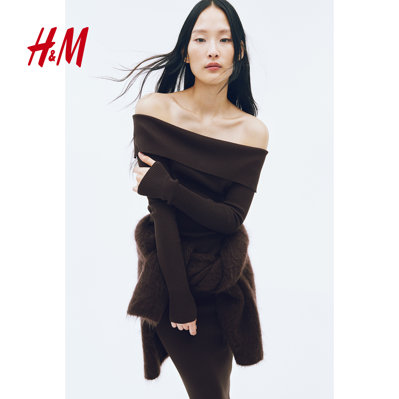 HM女装毛针织衫秋季新款时尚修身一字领气质针织上衣1237775