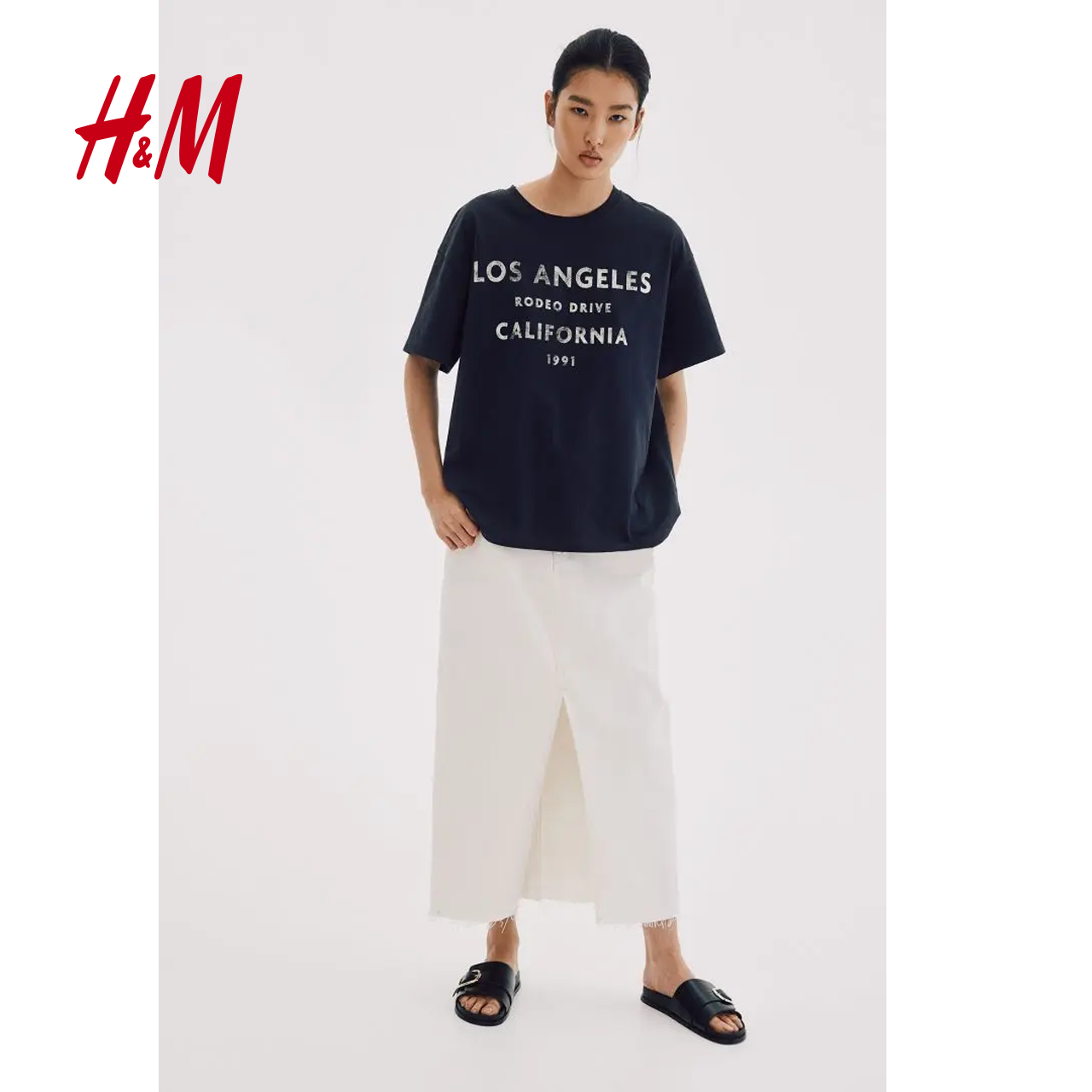 HM女装T恤夏季宽松柔软棉质休闲字母印花短袖圆领上衣1163471