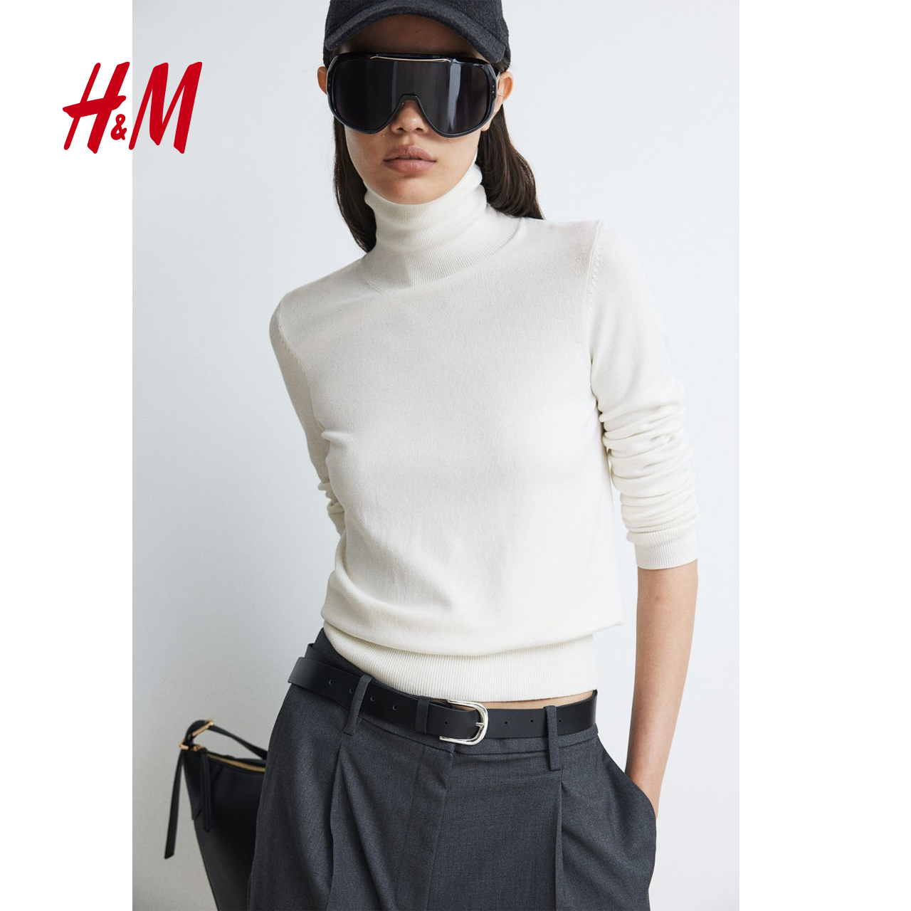 HM女装针织衫秋季柔软舒适罗纹高领休闲打底百搭针织套衫1176748