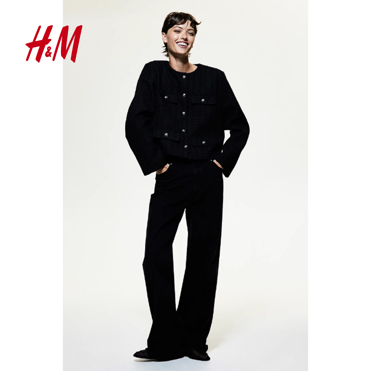 HM女装外套秋冬新款优雅香风休闲圆领梭织面料短外套1231352