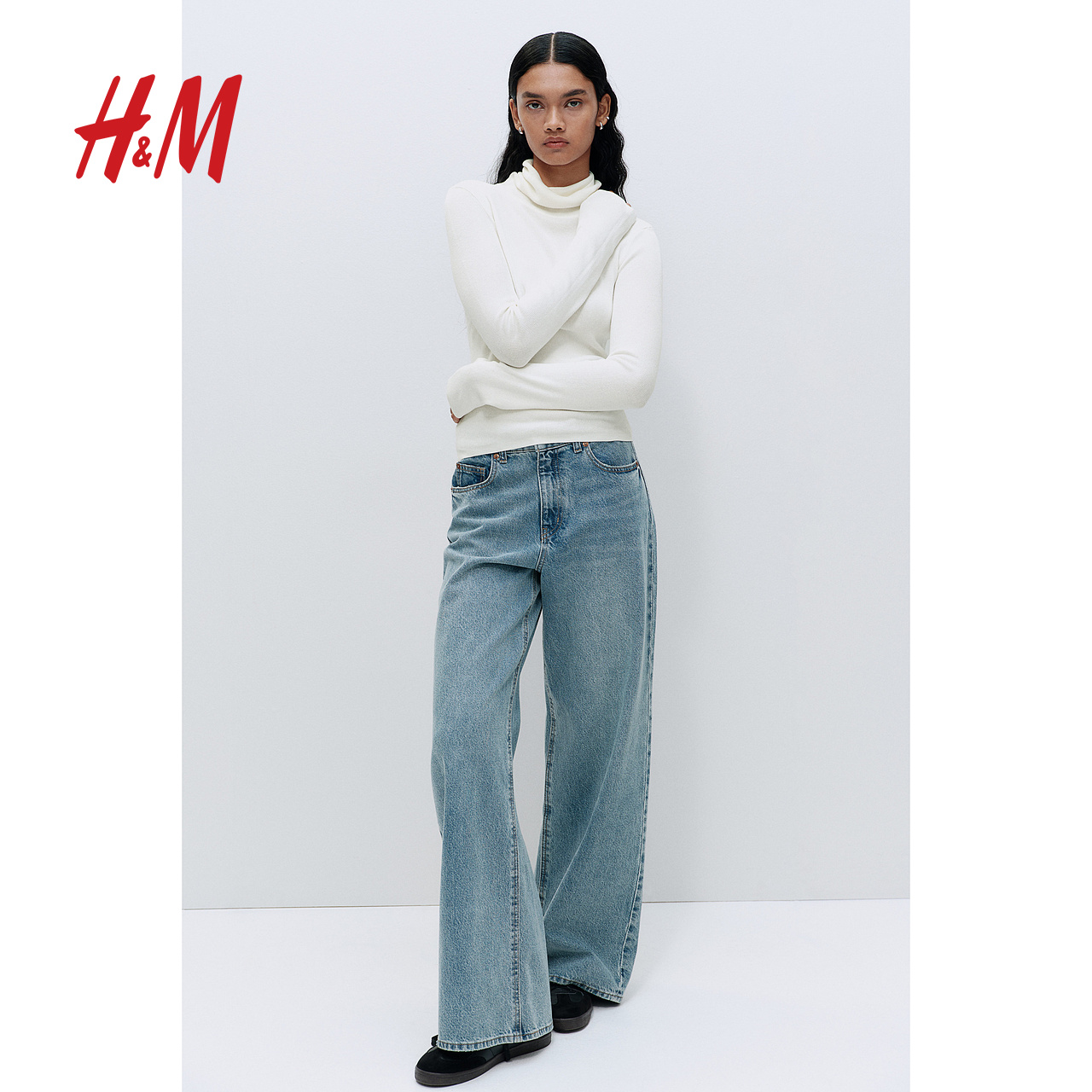 HM女装毛针织衫秋季新款休闲风圆高领修身针织短上衣1254597