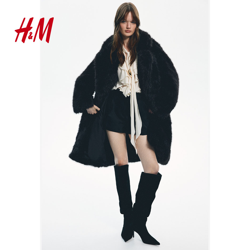 HM女装毛呢外套冬新款柔软气质毛茸保暖长袖及膝大衣1101014