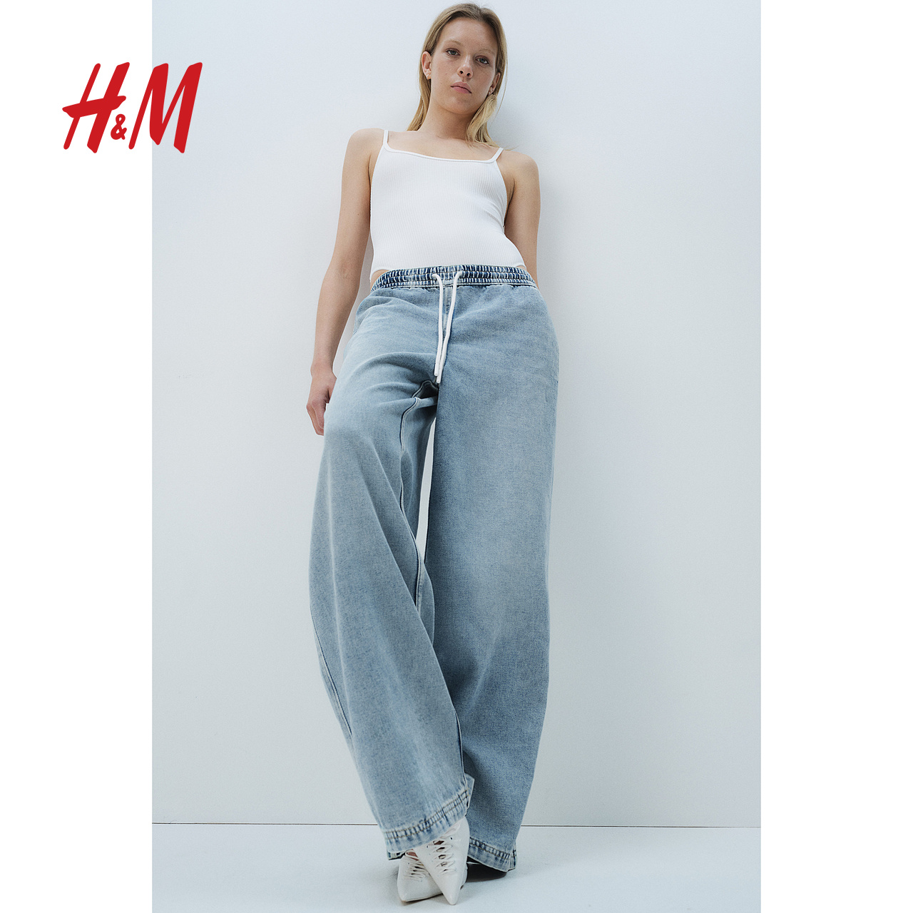 HM女装牛仔裤秋季新款松紧腰抽绳宽松直筒百搭休闲裤1237416