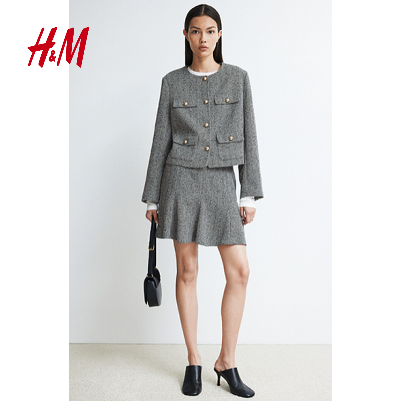 HM女装短外套2025秋季新款单排扣纹理编织千金小香风外套1241437