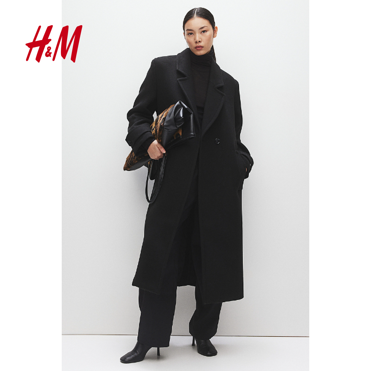 HM女装毛呢外套秋冬新款气质黑色保暖加厚梭织长大衣1240720