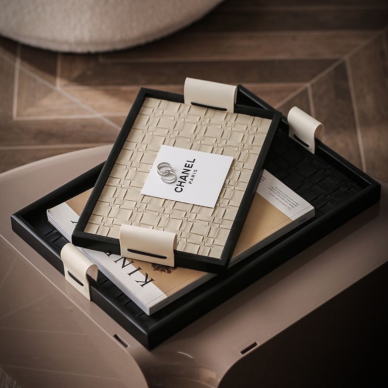 高档实木皮革托盘轻奢首饰玄关收纳盘子茶几收纳装饰摆件洋气