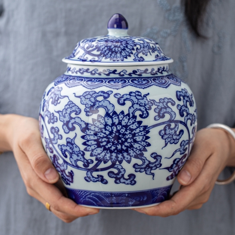 青花将军罐一斤装茶叶罐密封罐摆件