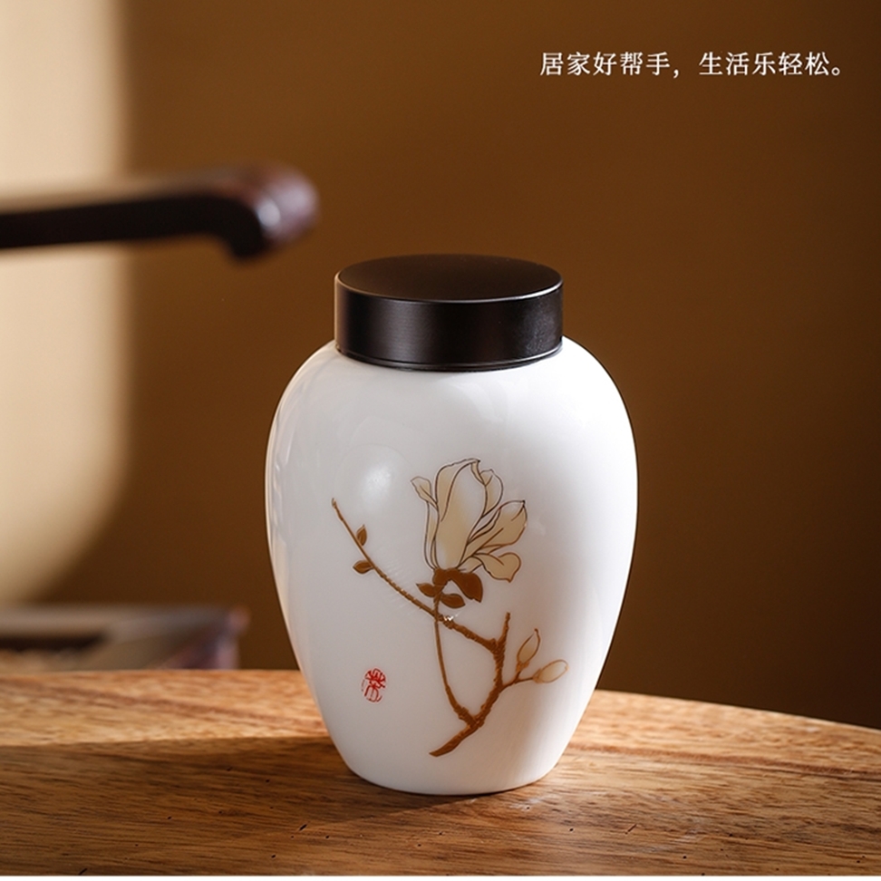 羊脂玉瓷半斤陶瓷茶叶罐陶瓷茶叶罐办公室螺纹口密封罐普洱防潮罐