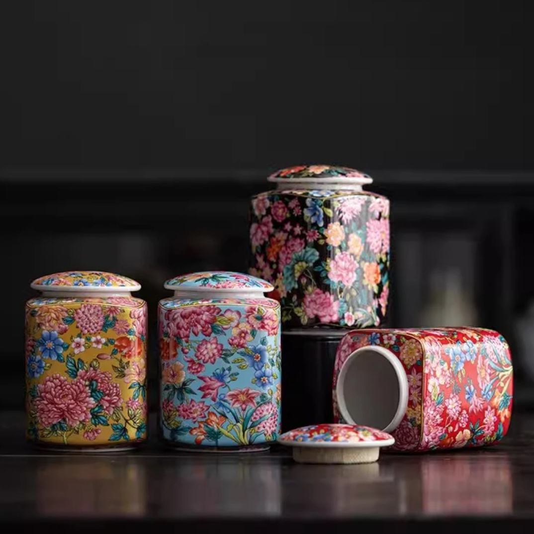 珐琅印记珐琅彩百花齐放四方罐茶叶罐陶瓷密封罐储物罐