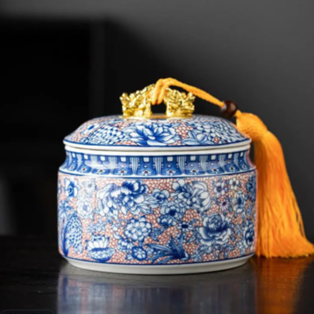 高档釉中彩满花陶瓷茶叶罐精致复古存茶罐密封罐一罐多用