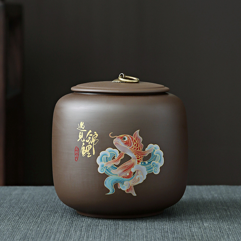 黑泥大吉祥紫砂茶叶罐密封罐储物罐500克大罐普洱复古