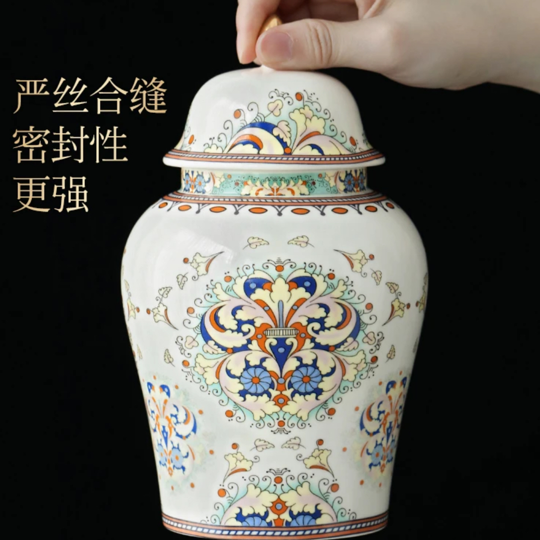 珐琅彩陶瓷茶叶罐密封罐半斤装复古茶叶储存罐将军罐一罐多用