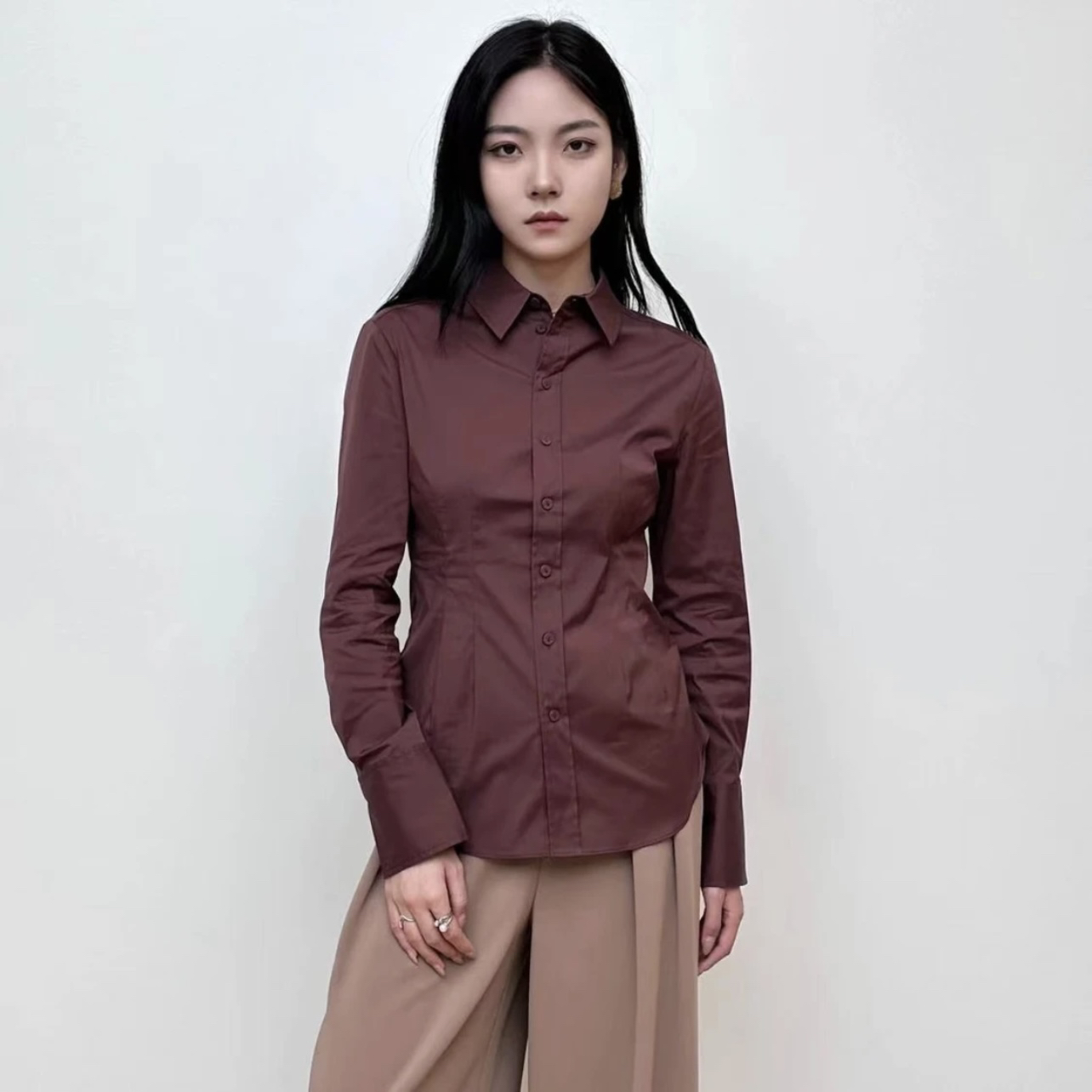 【阿玛施AMASS】美拉德通勤风简约百搭修身长袖单排扣衬衫女5300922
