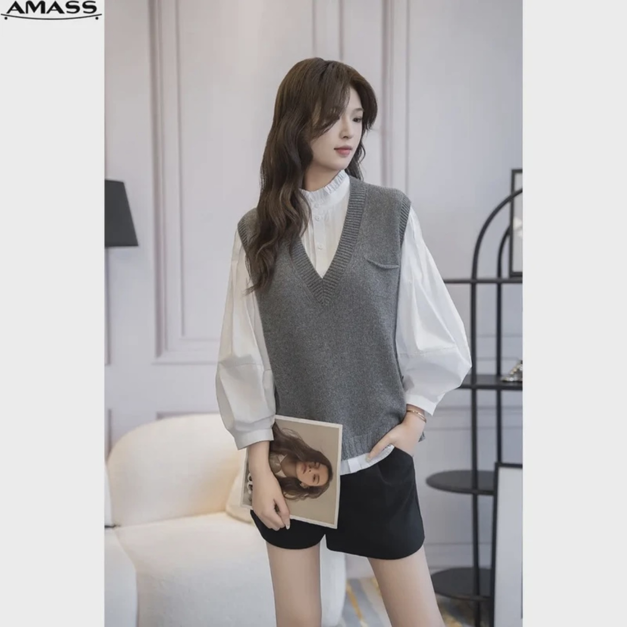 【阿玛施 AMASS】学院风纯色羊毛口袋针织马甲背心5399256时尚休闲