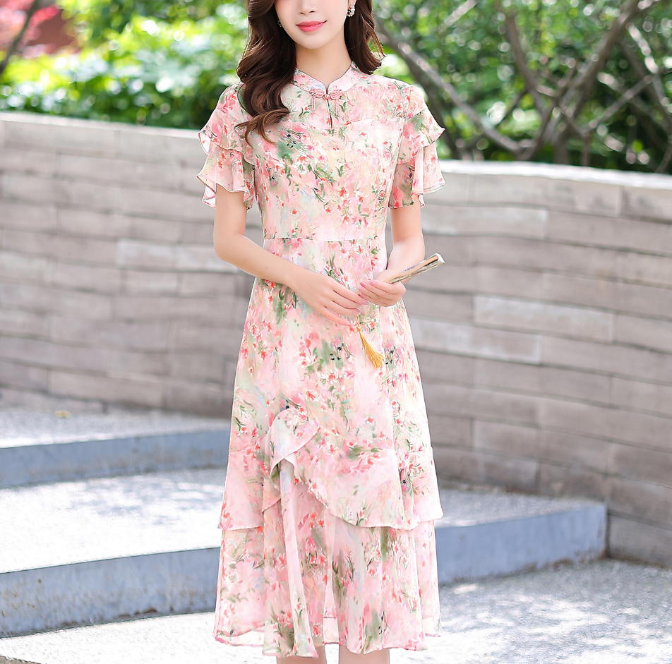 24B36#【木兮兮专属】2025年夏季新中式气质显瘦时尚盘扣印花连衣裙
