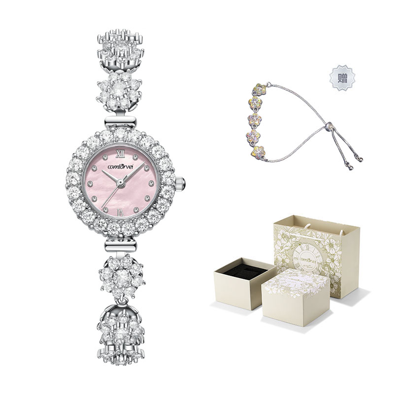 康洛薇COMLORVEI 月映山茶花时尚气质镶嵌百搭女士腕表防水简约