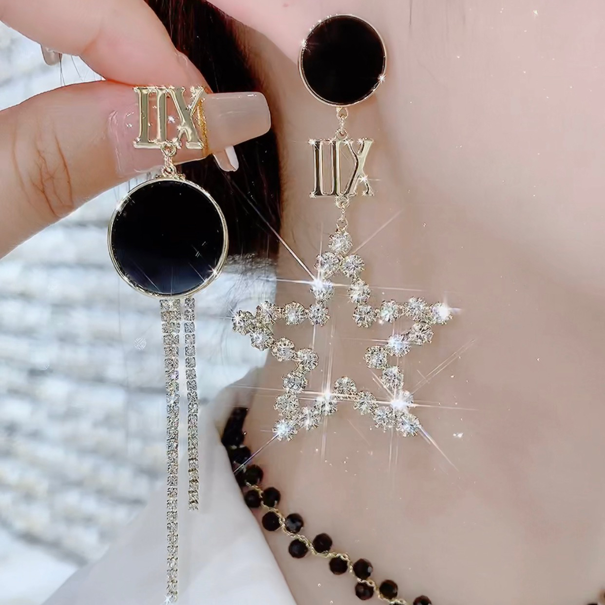 铜合金玻璃耳饰 001-个性AB星月长款黑色百搭耳环耳饰女韩版耳环