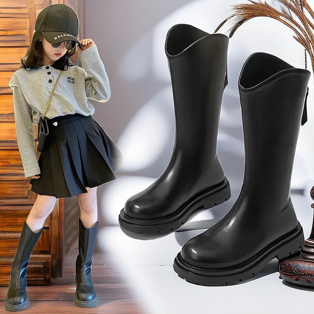 儿童时尚百搭单里V口长筒靴软皮长靴女宝宝童鞋秋季新款女童