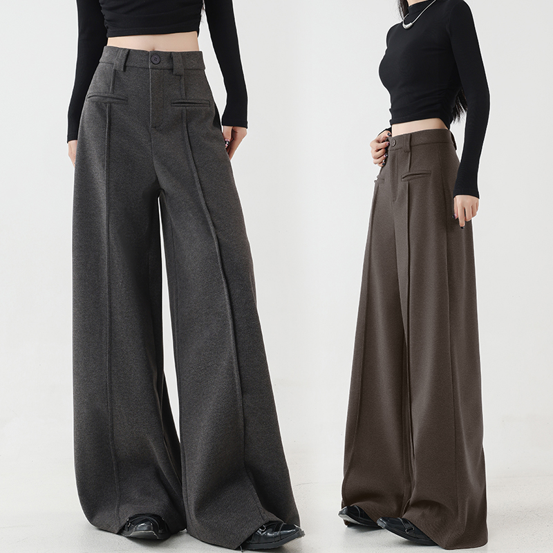 外穿2024年秋冬新款宽松高腰毛呢阔腿裤窄版西装裤加绒休闲拖地裤