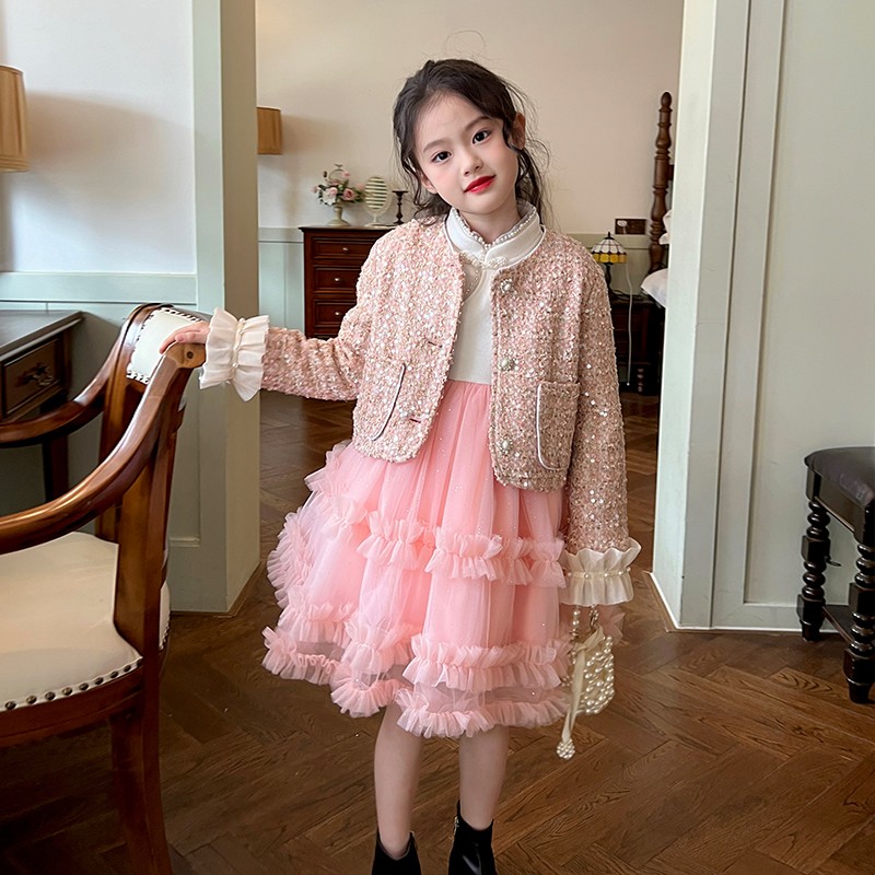 栀了成长记童装女童小香风套装秋冬儿童宝宝夹棉外套公主裙两件套