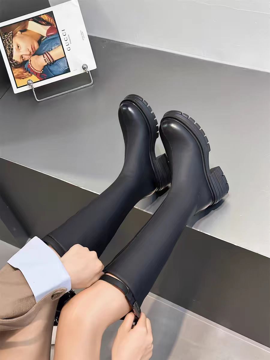 9902-6【断码杀版】长筒靴女秋新款小个子圆头复古粗跟显瘦高筒