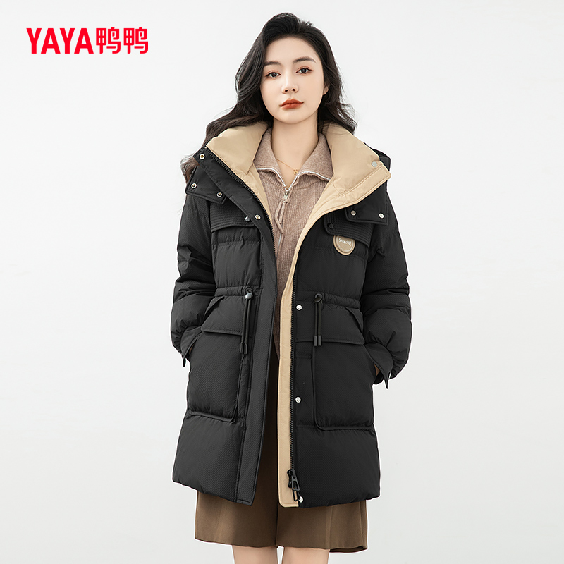 YAYA/鸭鸭新款保暖收腰休闲拼色连帽中长羽绒服女外套YE3B635595L