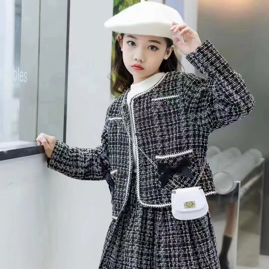 2023新款女童春秋套装时尚小香风外套中大童公主风百褶裙两件套潮