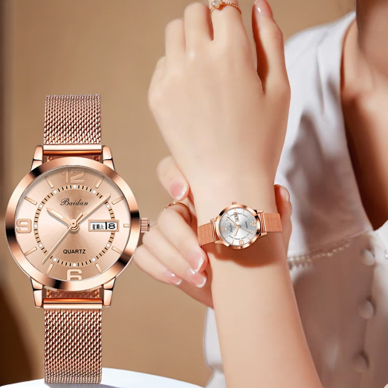 送老婆生日礼物女士气质网红手表韩版休闲时尚双日历ins石英腕表