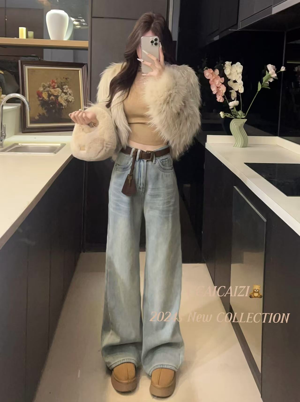 【万人迷】加厚宽松阔腿直筒牛仔裤  带腰带 加绒