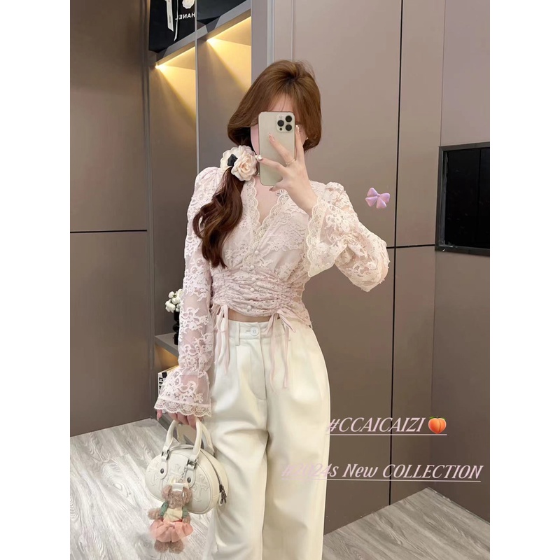 【韩欲姐姐】百搭蕾丝抽绳褶皱V领喇叭袖上衣 无胸垫侧面拉链