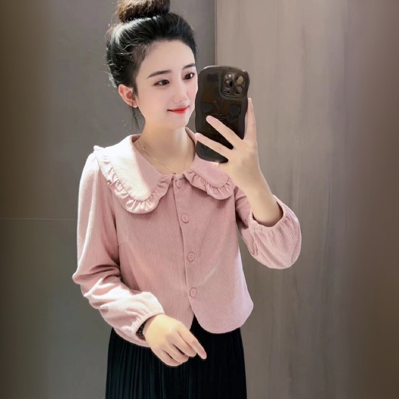 木耳边娃娃领长袖衬衫女2025春秋新款韩版宽松洋气甜美百搭上衣