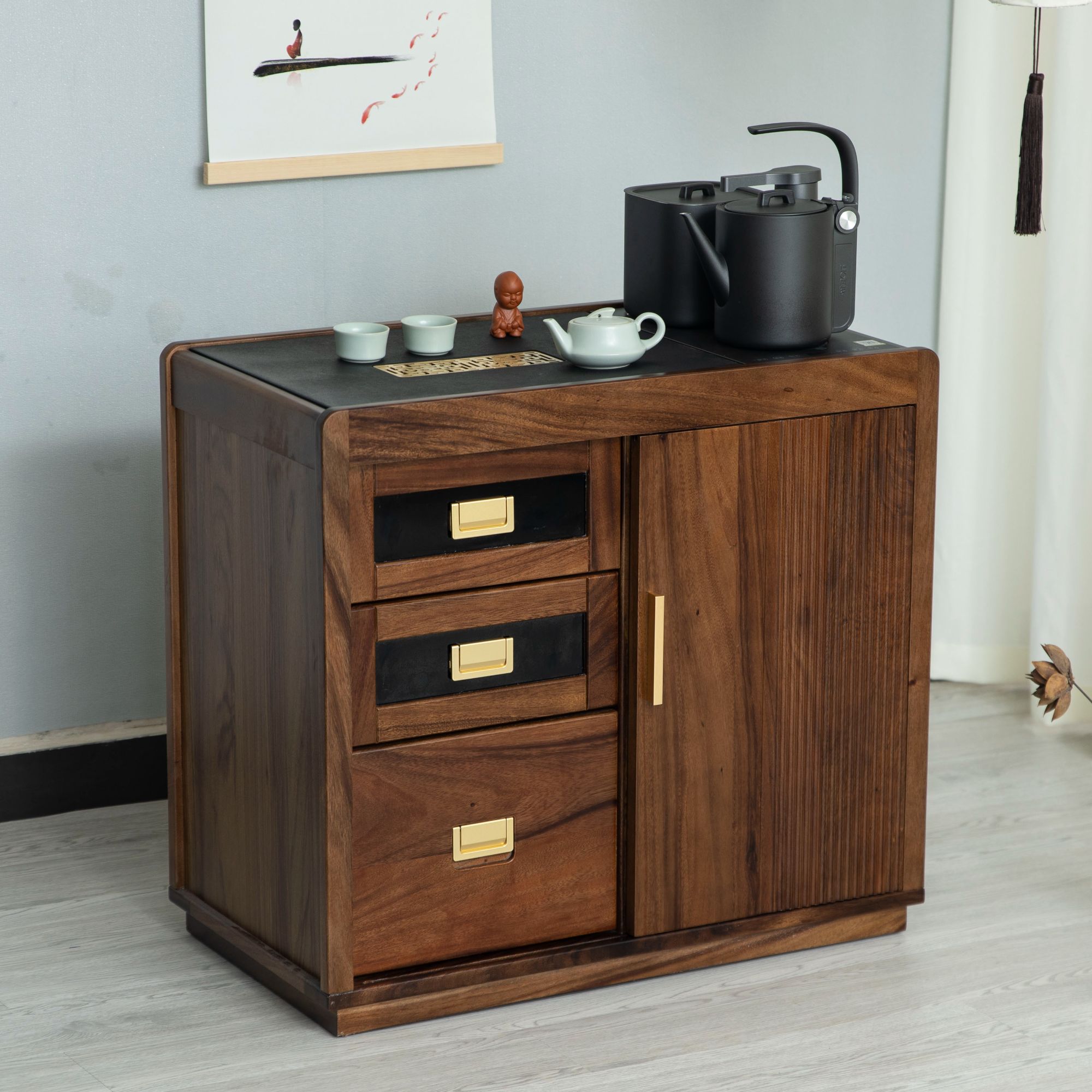 南美黑胡桃实木茶水柜可移动茶几茶桌边柜烧水一体泡茶台边几茶柜