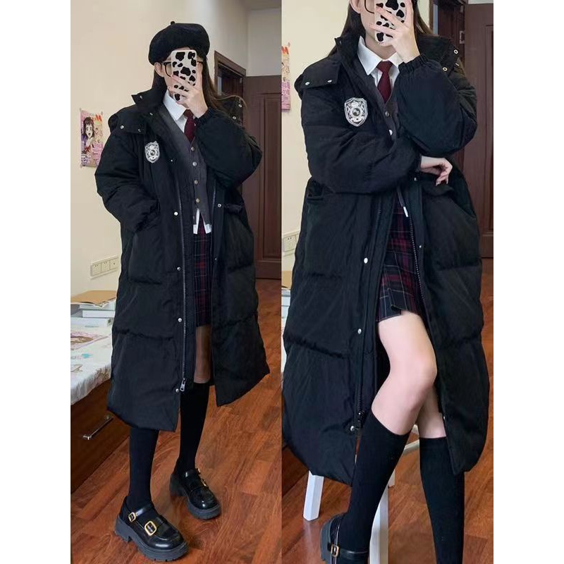 鸭鸭学院风羽绒服2023年冬季新款女中长款黑色小个子保暖韩高生jk