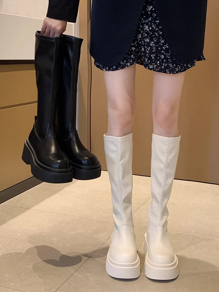 红蜻蜓牌靴子女长靴2023秋冬季新款白色中筒百搭小个子厚底瘦瘦靴