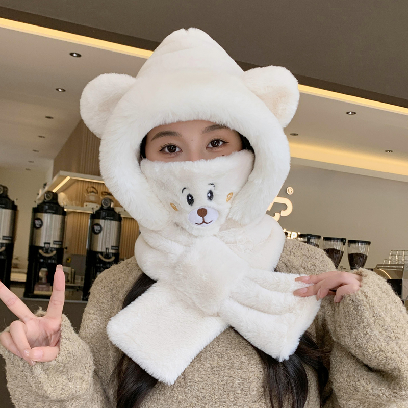 小熊帽子网红韩版秋冬保暖加厚毛绒可爱小熊围脖骑车防寒百搭绒帽