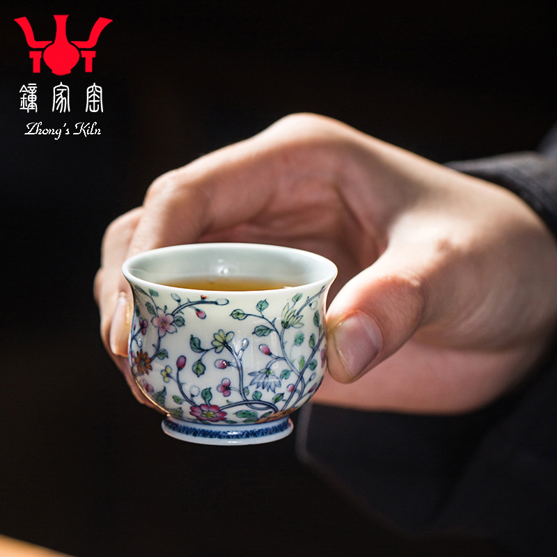 钟家窑小茶杯景德镇柴窑青花斗彩手绘春意盎然小炉式杯主人杯茶杯