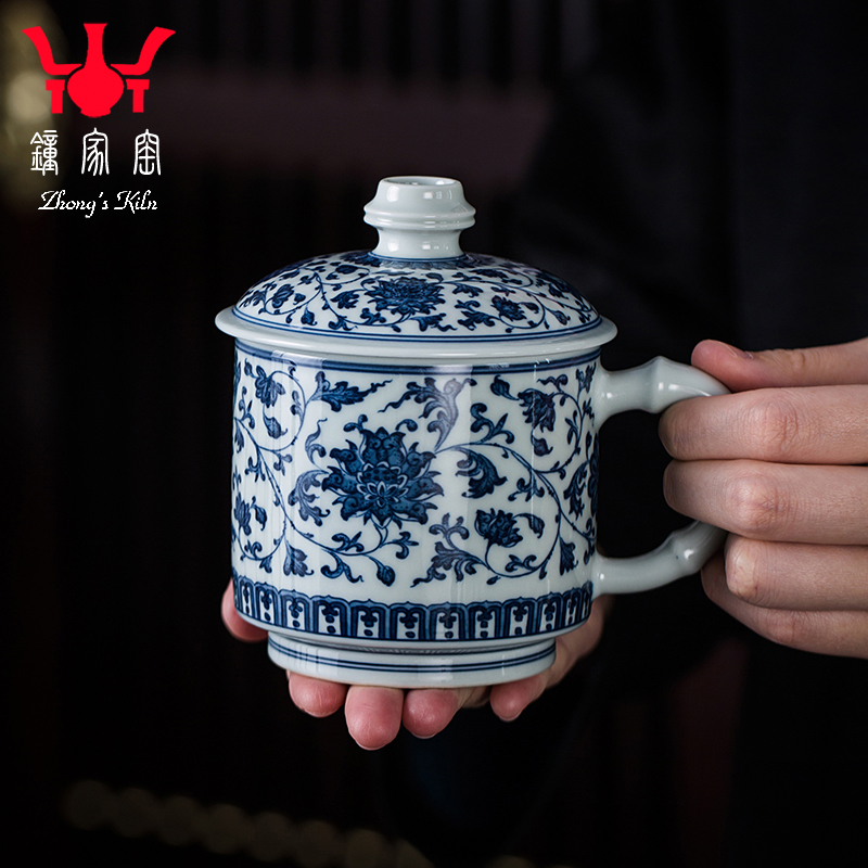 钟家窑陶瓷办公杯 景德镇柴窑青花手绘点工缠枝花纹办公室泡茶杯
