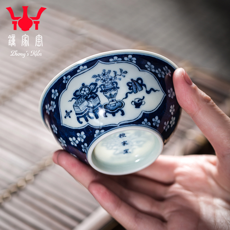 钟家窑柴窑主人杯 景德镇手绘青花瓷冰梅开窗博古纹个人专用茶杯