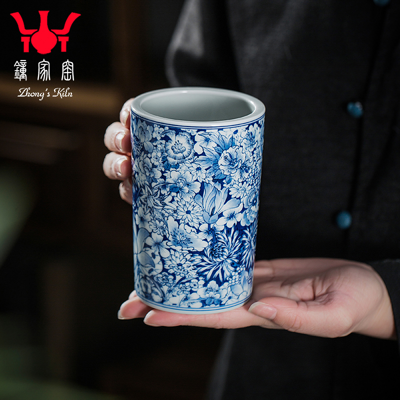 钟家窑陶瓷茶筒功夫茶配件景德镇纯手工手绘柴窑青花万花办公笔筒