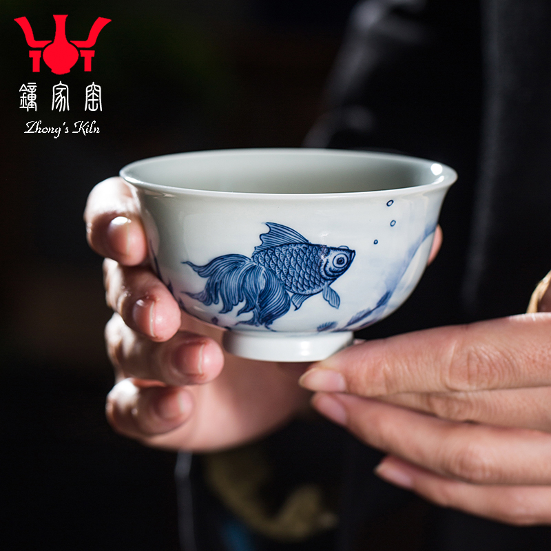 钟家窑小茶碗景德镇柴窑青花手绘双鱼撇口小单杯小茶杯主人杯茶具
