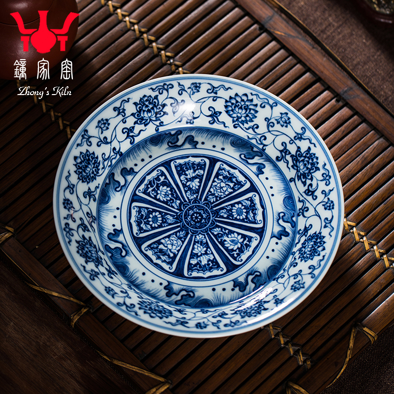 钟家窑陶瓷壶承景德镇柴窑青花手绘缠枝花卉海水纹壶承圆形干泡台