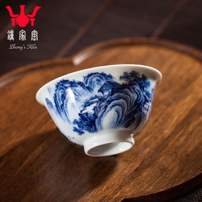 钟家窑茶杯主人杯景德镇青花柴窑重工满绘内外山水溪涧行舟品茗杯
