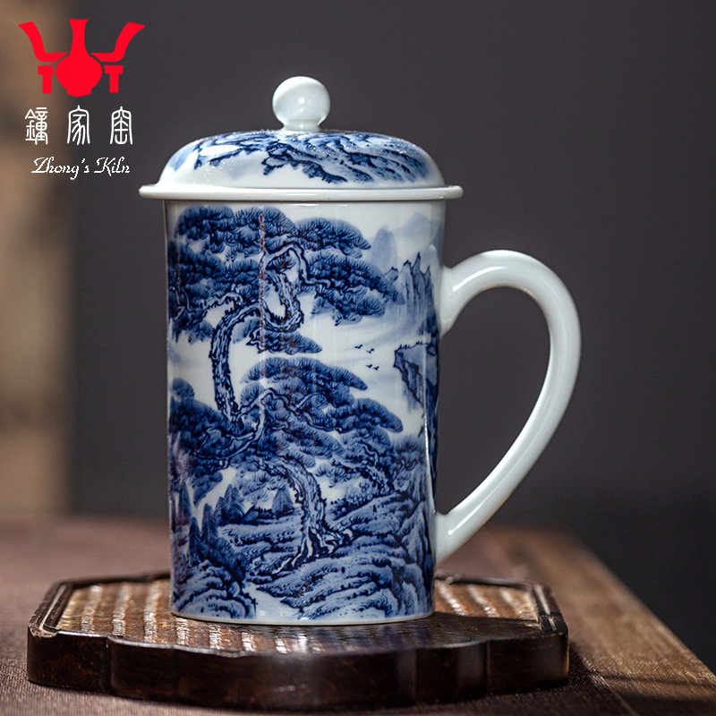 钟家窑柴窑青花办公杯 景德镇手绘点工山水飞鸟陶瓷办公室泡茶杯