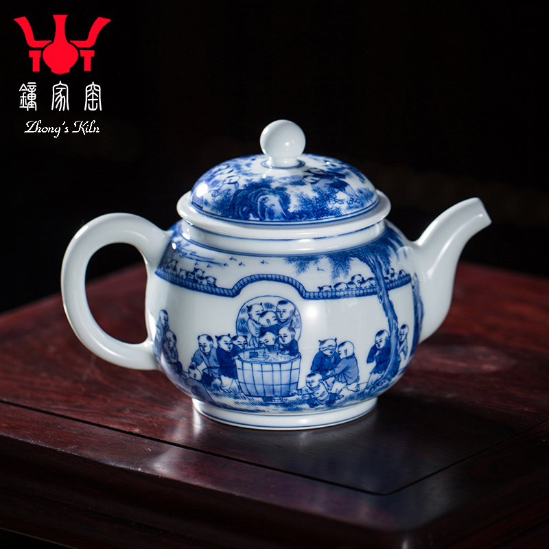 钟家窑陶瓷茶壶景德镇青花瓷柴窑手绘百子图壶功夫茶具泡茶壶单壶