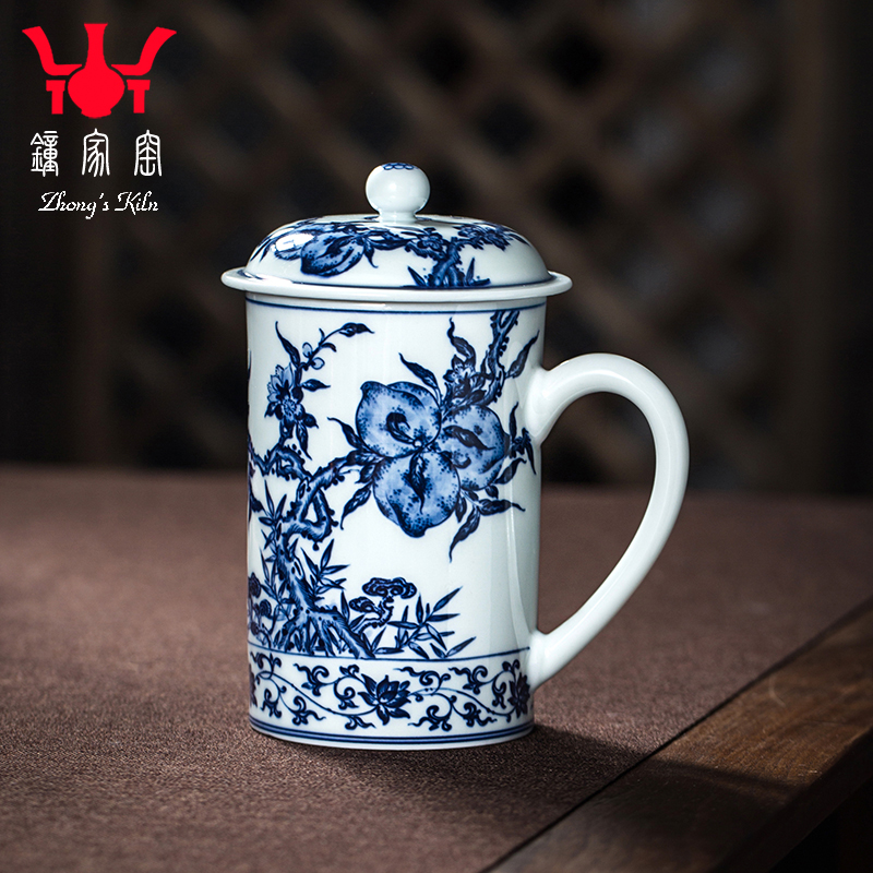 钟家窑陶瓷办公杯 景德镇柴窑青花手绘寿桃花纹办公室带盖泡茶杯