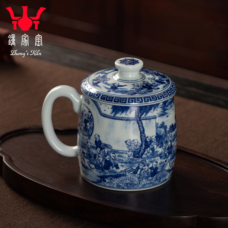钟家窑柴窑办公杯景德镇手绘青花百子图陶瓷手工高端办公室泡茶杯