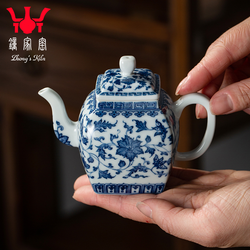 钟家窑陶瓷茶壶柴窑青花手工手绘点工缠枝纹小号功夫泡茶壶小单壶