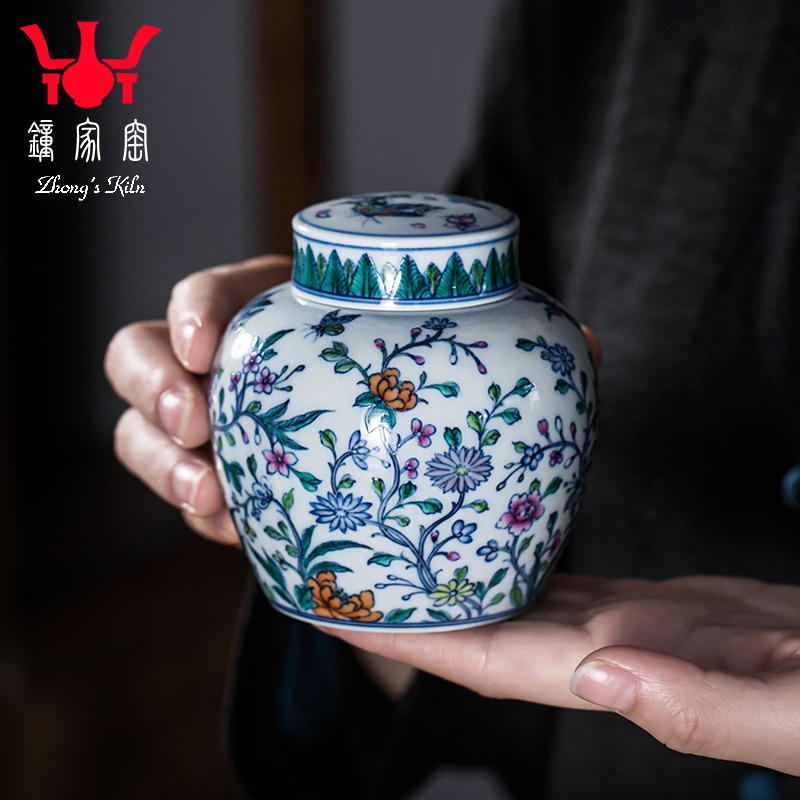 钟家窑陶瓷茶罐 景德镇茶具手绘青花斗彩春意盎然小号陶瓷茶叶罐
