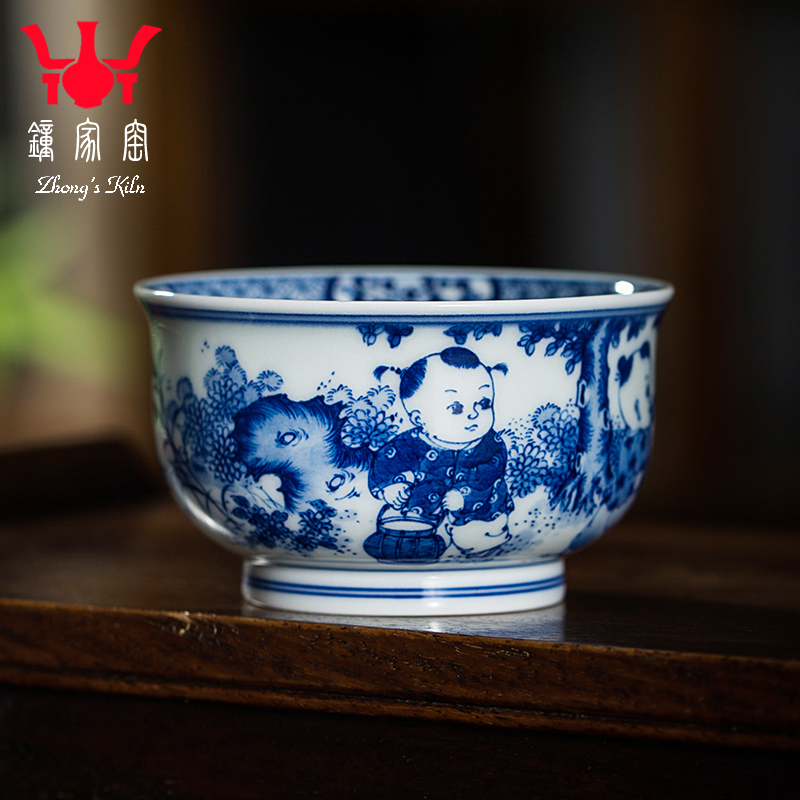 钟家窑茶杯主人杯纯手工手绘柴窑青花炉式童趣钓鱼主人杯单杯
